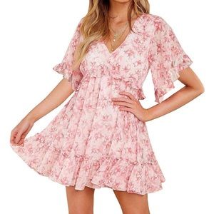 Flowy Summer Tunic Dress Pink Floral Printed Short Ruffled Mini Dress